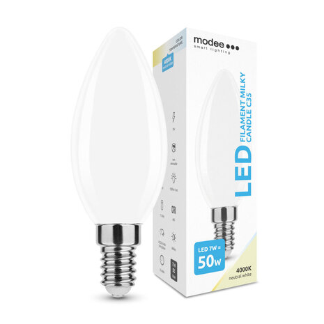 Modee Lighting LED glødelampe - E14 C35 7W - 4000K Neutral hvid - Hvid Matteret Glas