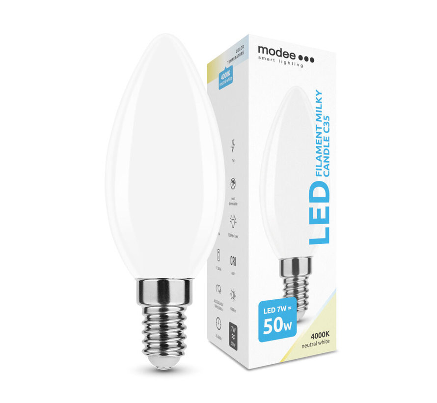 LED glødelampe - E14 C35 7W - 4000K klart hvidt lys - Hvid Matteret Glas