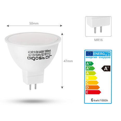 Aigostar LED spot GU5.3 - MR16 LED - 6W erstatter 40W - 6000K Kold hvid