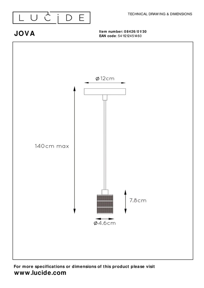 Lucide Jova - hængende lampe - Ø 4,6 cm - E27 - sort