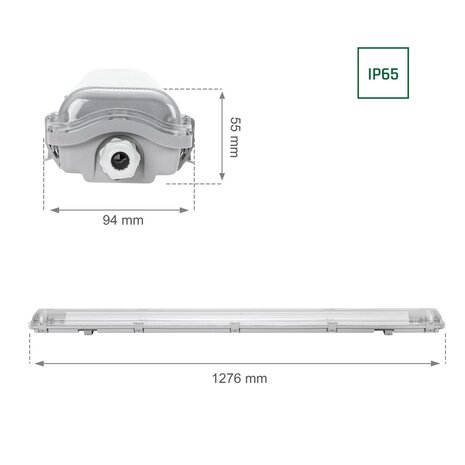 120cm LED armatur IP65 + 2 LED lysstofrør 18W p/s - 4000K 840 Neutral hvid - Komplet