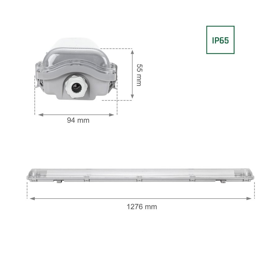 120cm LED armatur IP65 + 2 LED lysstofrør 18W p/s - 4000K 840 Neutral hvid - Komplet