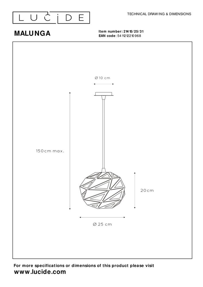 Lucide Lucide MALUNGA - pendellampe - 1xE27 - Hvid