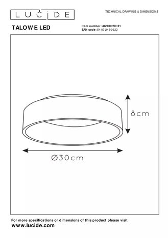 Lucide LED-loftslampe TALOWE - Ø30 cm - Dæmpbar - 20W - 3000K - Hvid