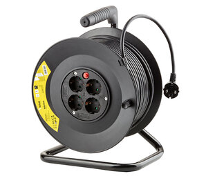 Technik Kabelrulle 25m - 4-Schuko Stik med jord - 3x1,5mm2 - sort