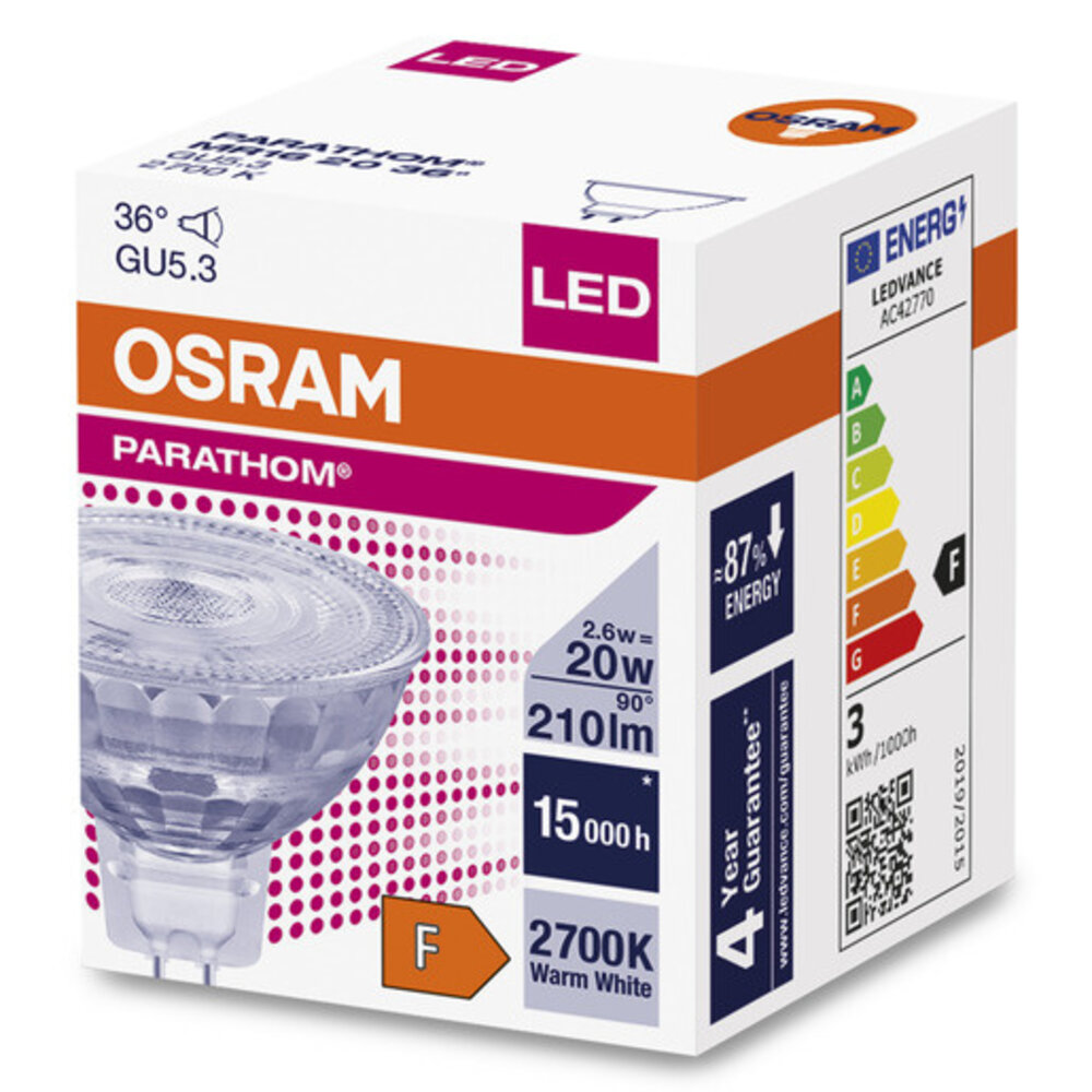 LED Spot GU5.3 MR16 2.6W 230lm - Osram Parathom - Varm hvid - Erstatter 20W
