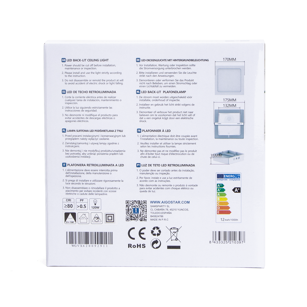 Aigostar LED loftslampe - Firkantet loftslampe - 12W erstatter 55W - 3000K - varmt hvidt lys