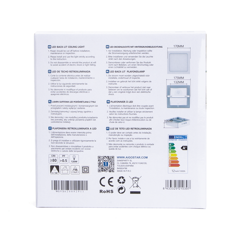 Aigostar LED loftslampe - Firkantet loftslampe - 12W erstatter 55W - 3000K - varmt hvidt lys