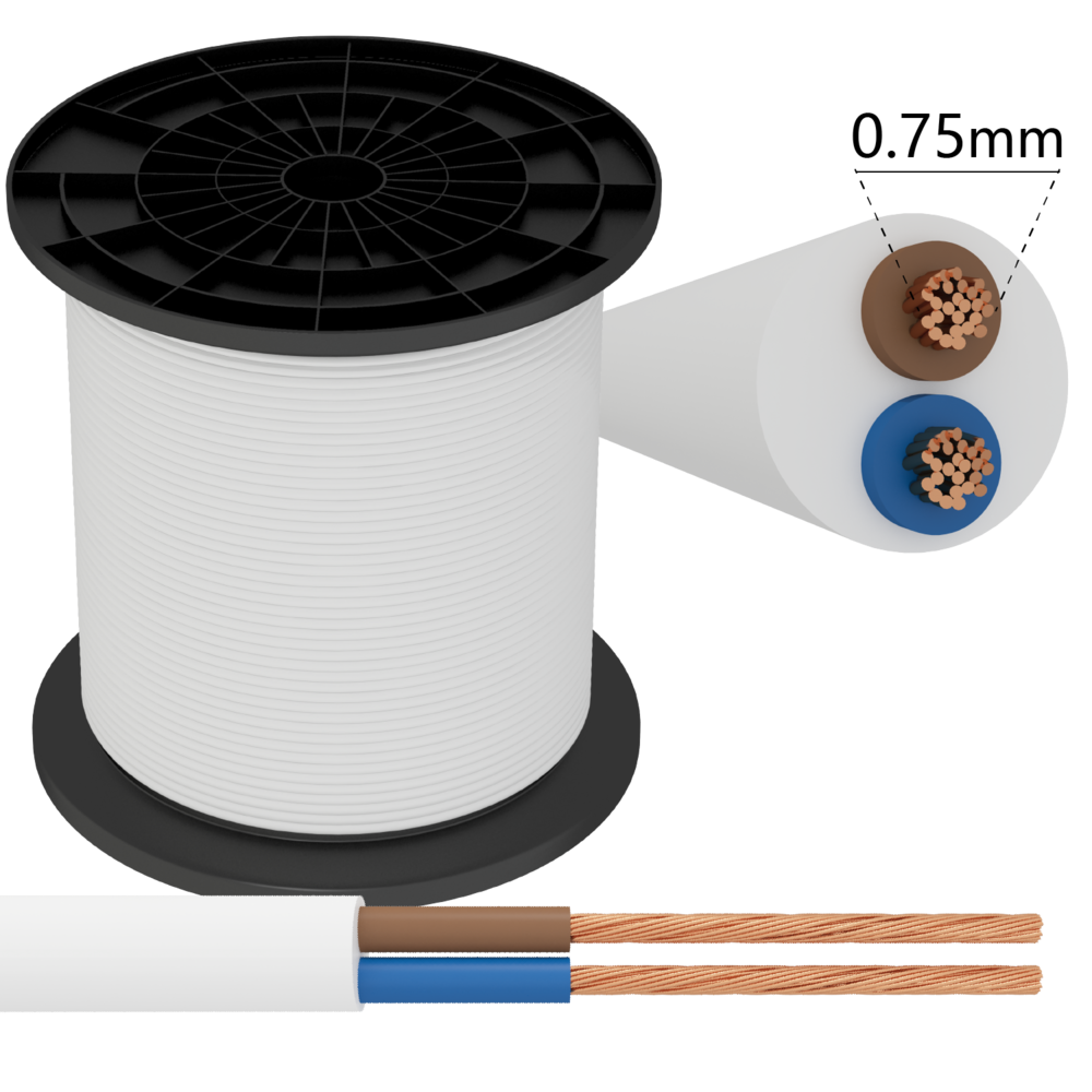 Aigostar Strømkabel - 150m - 2x 0,75mm2 med hvid kappe flad - H05VVVH2-F Aigostar Strømkabel - 150m - 2x 0,75mm2 med hvid kappe flad - H05VVVH2-F