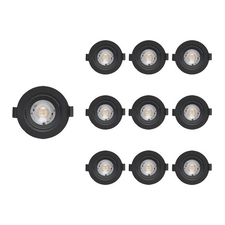Sæt med 10 stk. LED indbygningsspot Dæmpbar - 5W erstatter 50W - 3000K varmt hvidt lys - Vipbar Sort