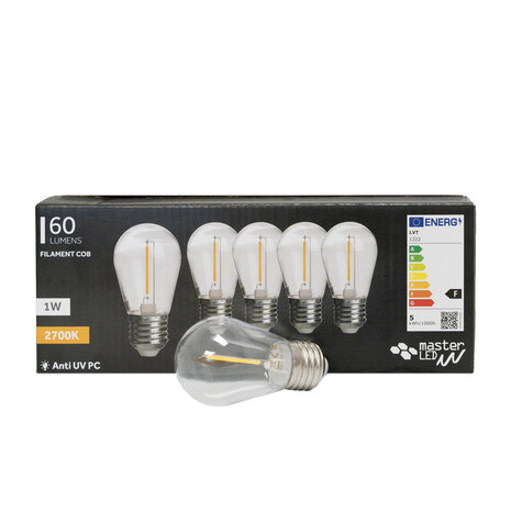 Spectrum Multipakke 5 stk LED-pære E27 - 1W glødetrød - 2700K Varm hvid Spectrum Multipakke 5 stk LED-pære E27 - 1W glødetrød - 2700K Varm hvid