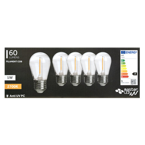 Spectrum Multipakke 5 stk LED-pære E27 - 1W glødetrød - 2700K Varm hvid Spectrum Multipakke 5 stk LED-pære E27 - 1W glødetrød - 2700K Varm hvid