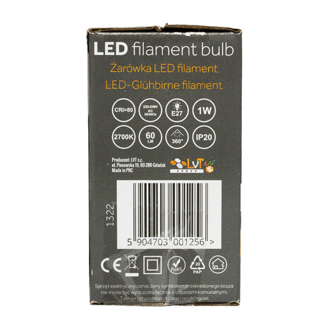 Spectrum Multipakke 5 stk LED-pære E27 - 1W glødetrød - 2700K Varm hvid Spectrum Multipakke 5 stk LED-pære E27 - 1W glødetrød - 2700K Varm hvid