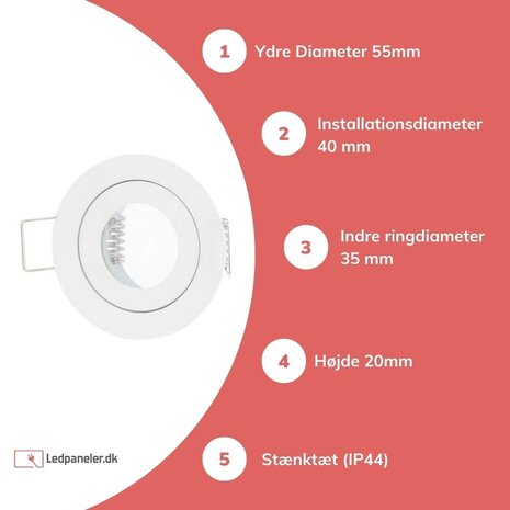 LED Line GU11 / MR11 - Diameter 35mm - Indbygningsspot Hvid rund - Vandtæt IP44 - Indvendig diameter 45mm - Udvendig diameter 55mm LED Line GU11 / MR11 - Diameter 35mm - Indbygningsspot Hvid rund - Vandtæt IP44 - Indvendig diameter 45mm - Udvendig diameter 55mm