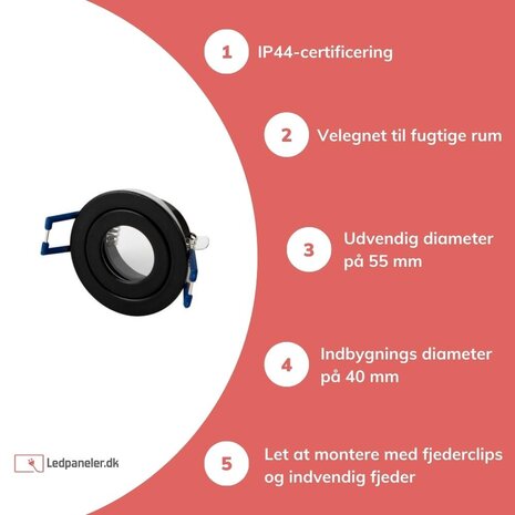 LED Line LED GU11/MR11 spot - Sort rund - Vandtæt IP44 - Indvendig diameter 45mm - Udvendig diameter 55mm LED Line LED GU11/MR11 spot - Sort rund - Vandtæt IP44 - Indvendig diameter 45mm - Udvendig diameter 55mm