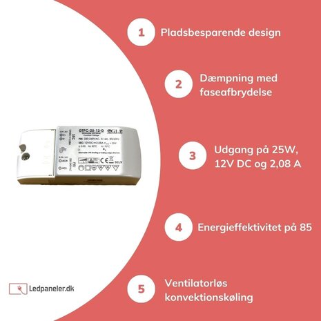LED-strømadapter dæmpbar - 12V 25W 2,08A - velegnet til 12V LED-belysning