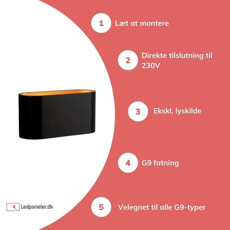 Spectrum LED Væglampe Oval - Sort Guld med G9 fatrning - 80x80x160 mm