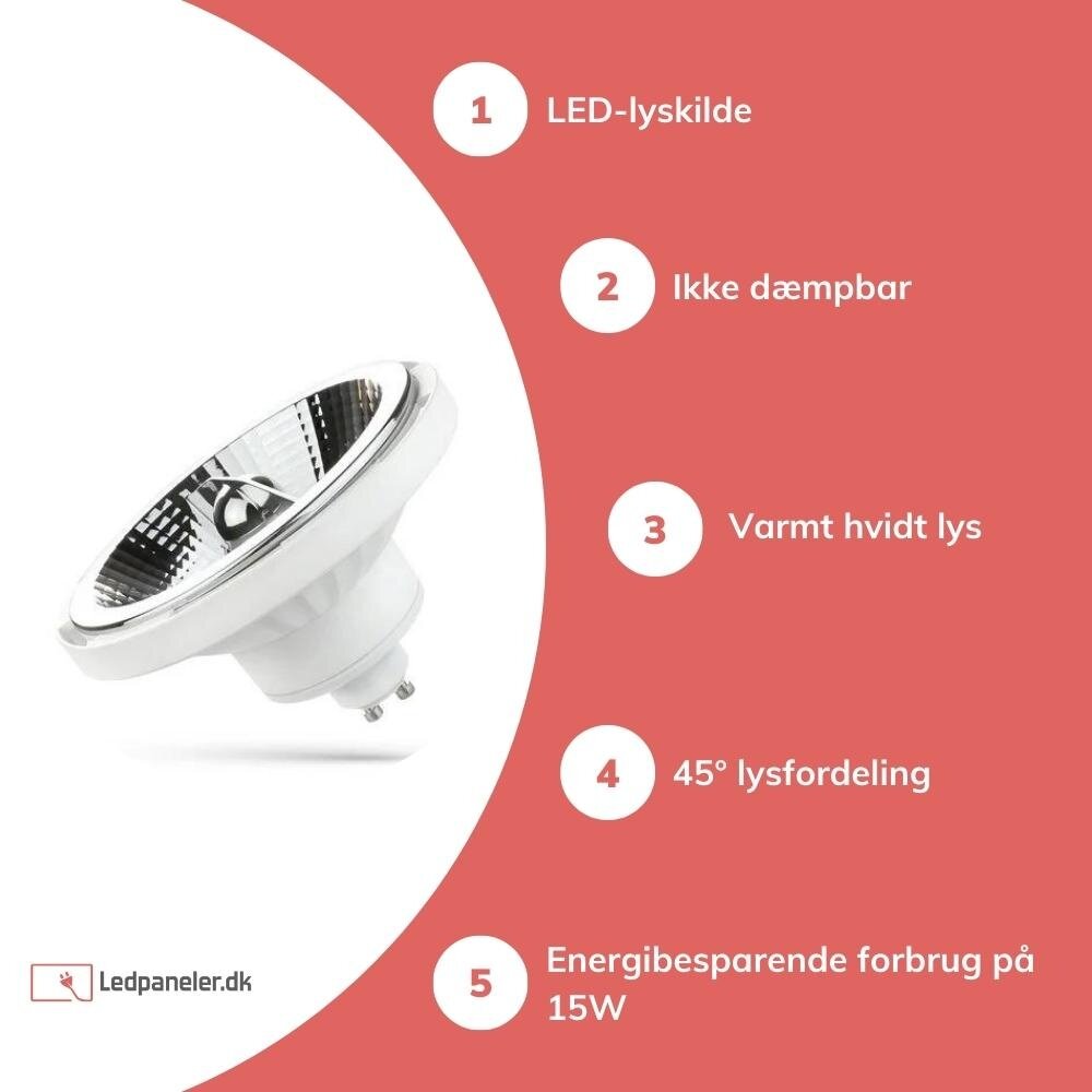 Spectrum LED AR111 GU10 spot hvid - 12W 3000K Varm hvid - 45° lysspredning Spectrum LED AR111 GU10 spot hvid - 12W 3000K Varm hvid - 45° lysspredning