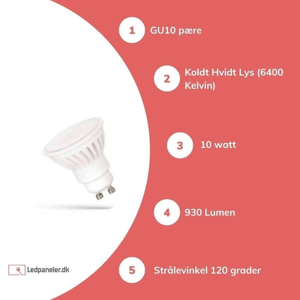 LED GU10 spot - 10W erstatter 100W - 6000K Kold hvid - keramik