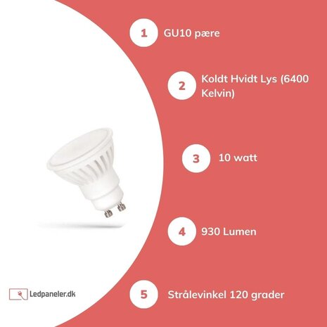 LED GU10 spot - 10W erstatter 100W - 6000K Kold hvid - keramik