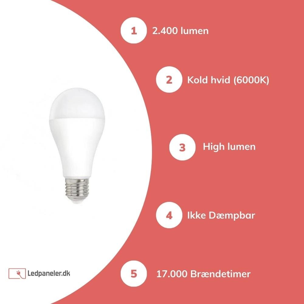 LED pære - E27-fatning - 20W 120lm p/w - 6000K Kold hvid - High Lumen LED pære - E27-fatning - 20W 120lm p/w - 6000K Kold hvid - High Lumen