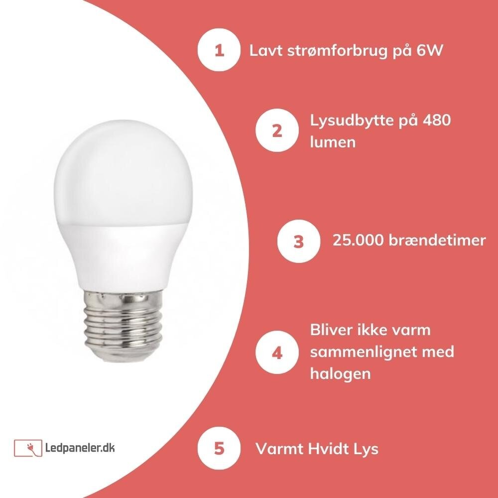 LED pære - E27 fatning - 6W erstatter 45W - Varm hvid 3000K