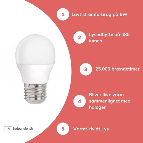 LED pære - E27 fatning - 6W erstatter 45W - Varm hvid 3000K