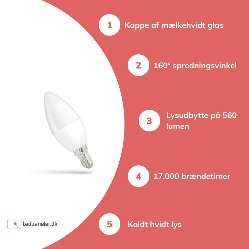 Spectrum LED-lampe E14 - C37 - 6W erstatter 60W - 6000K Kold hvid Spectrum LED-lampe E14 - C37 - 6W erstatter 60W - 6000K Kold hvid