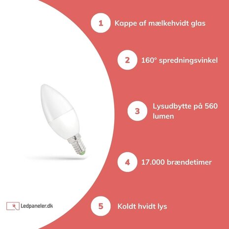 Spectrum LED-lampe E14 - C37 - 6W erstatter 60W - 6000K Kold hvid Spectrum LED-lampe E14 - C37 - 6W erstatter 60W - 6000K Kold hvid