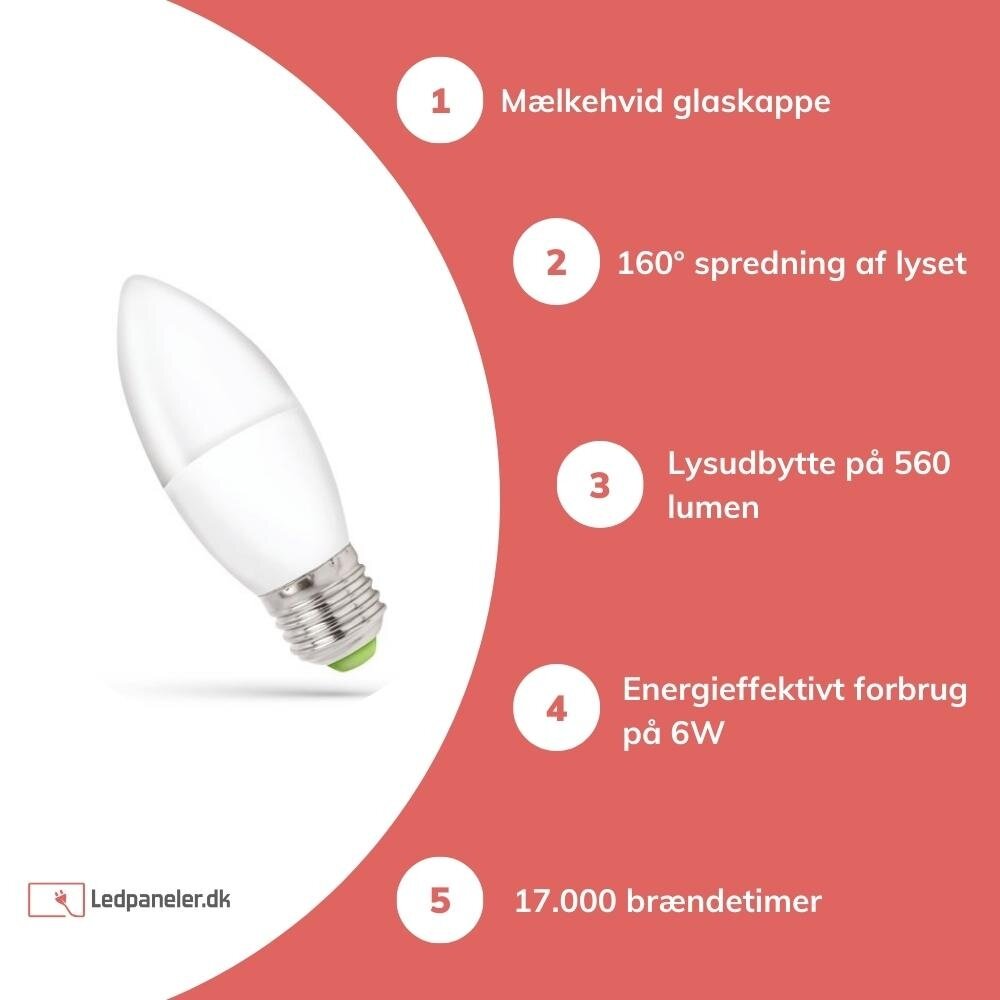 Spectrum LED-lampe E27 - C37 - 6W erstatter 60W - 6000K Kold hvid Spectrum LED-lampe E27 - C37 - 6W erstatter 60W - 6000K Kold hvid