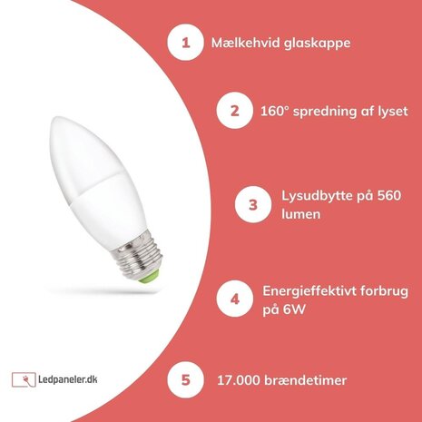 Spectrum LED-lampe E27 - C37 - 6W erstatter 60W - 6000K Kold hvid Spectrum LED-lampe E27 - C37 - 6W erstatter 60W - 6000K Kold hvid