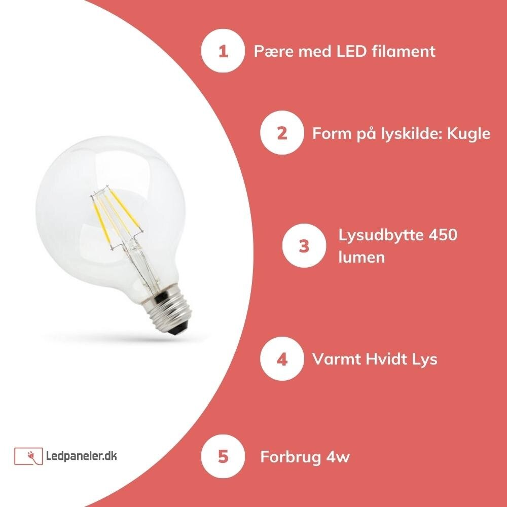Spectrum LED glødelampe E27 - G95 - 4W erstatter 40W - 2700K Varm hvid - L Globe