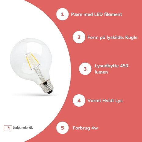Spectrum LED glødelampe E27 - G95 - 4W erstatter 40W - 2700K Varm hvid - L Globe