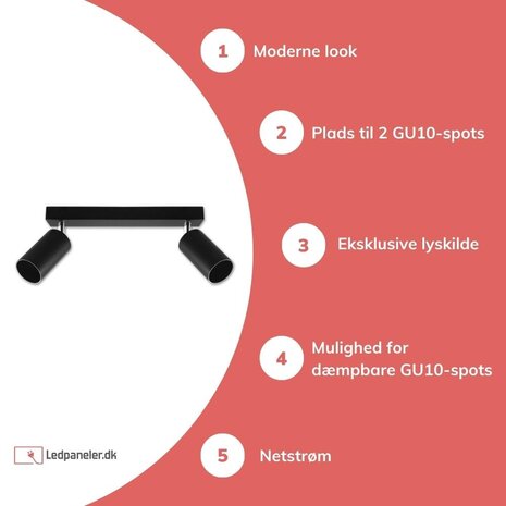 LED påbygningsspot sort - 2 justerbare spots - GU10-fatning
