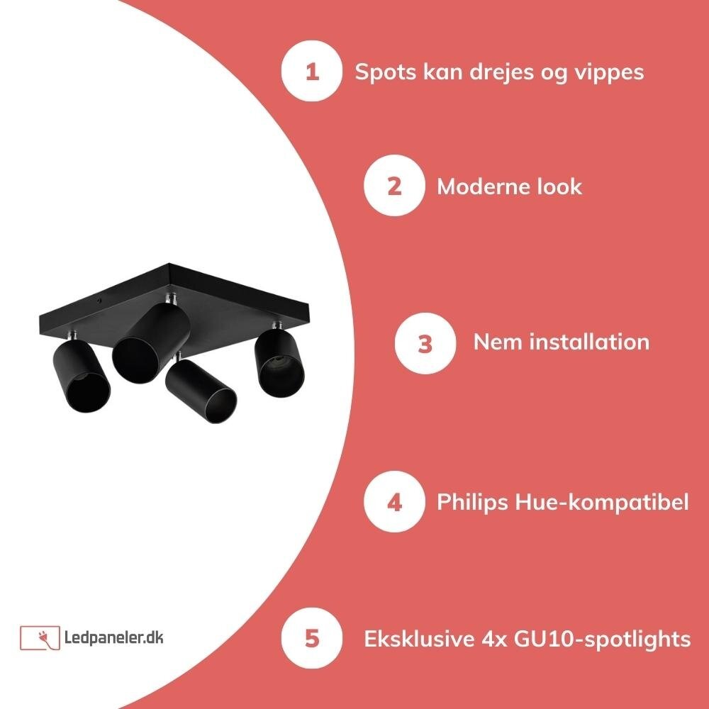 LED påbygningsspot sort - 4 justerbare spots - GU10-fatning