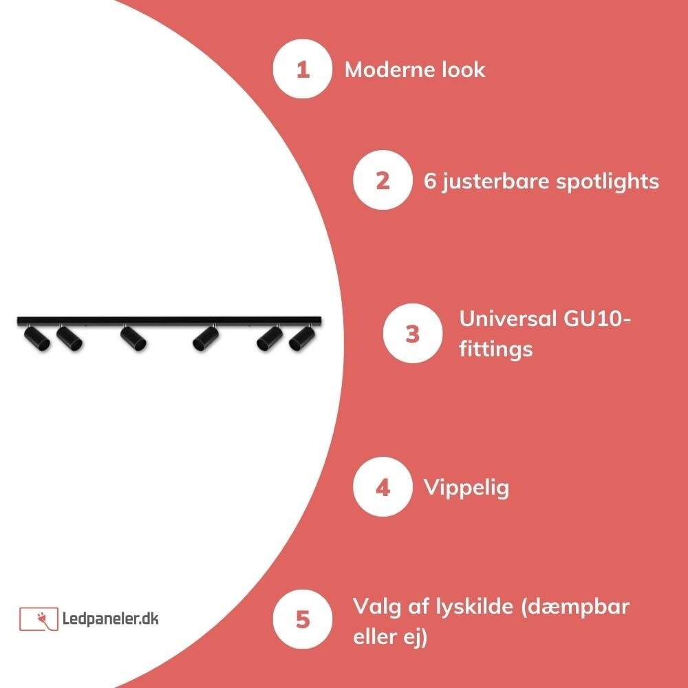 LED påbygningsspot sort - 6 justerbare spots - GU10-fatning