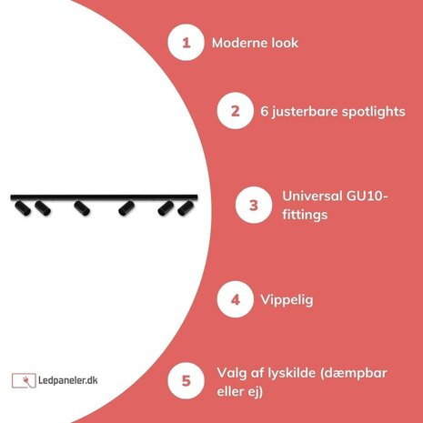 LED påbygningsspot sort - 6 justerbare spots - GU10-fatning