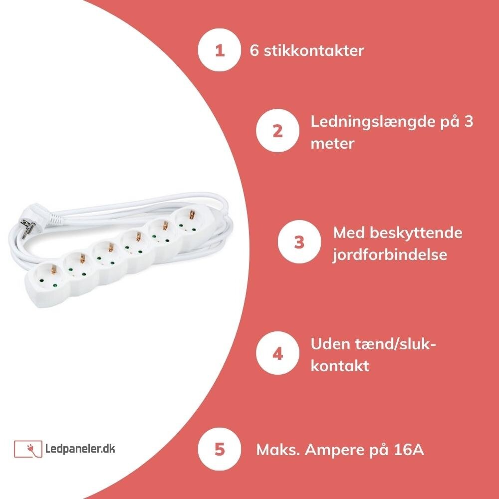 Modee Lighting Schuko Stikdåse 6-vejs - Hvid - Valgfri ledningslængde