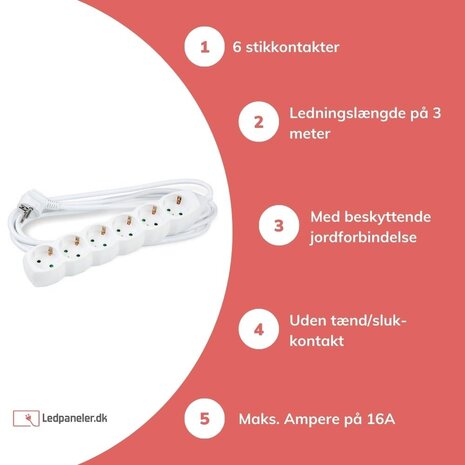 Modee Lighting Schuko Stikdåse 6-vejs - Hvid - Valgfri ledningslængde