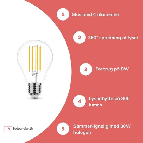 Modee Lighting LED glødetrådspære - E27 A60 8W - erstatter 80W - 2700K Varm hvid Modee Lighting LED glødetrådspære - E27 A60 8W - erstatter 80W - 2700K Varm hvid