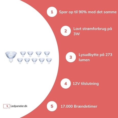 Multipakke 10 styk - GU5.3 LED spots - 3W erstatter 25W - Valgfri lystemperatur Multipakke 10 styk - GU5.3 LED spots - 3W erstatter 25W - Valgfri lystemperatur