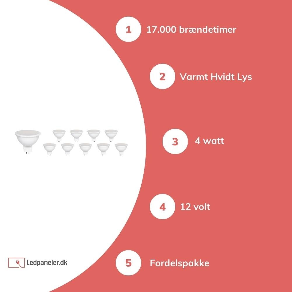 Multipakke 10 styk - GU5.3 LED spots - 4W erstatter 42W - Valgfri lystemperatur Multipakke 10 styk - GU5.3 LED spots - 4W erstatter 42W - Valgfri lystemperatur