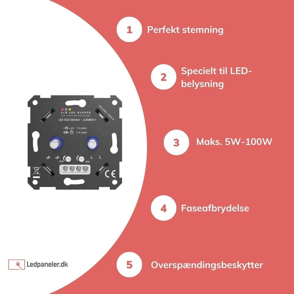 LCB LED Dimmer DUO forsænket - 2x 5-100W - Universal Phase cut LCB LED Dimmer DUO forsænket - 2x 5-100W - Universal Phase cut