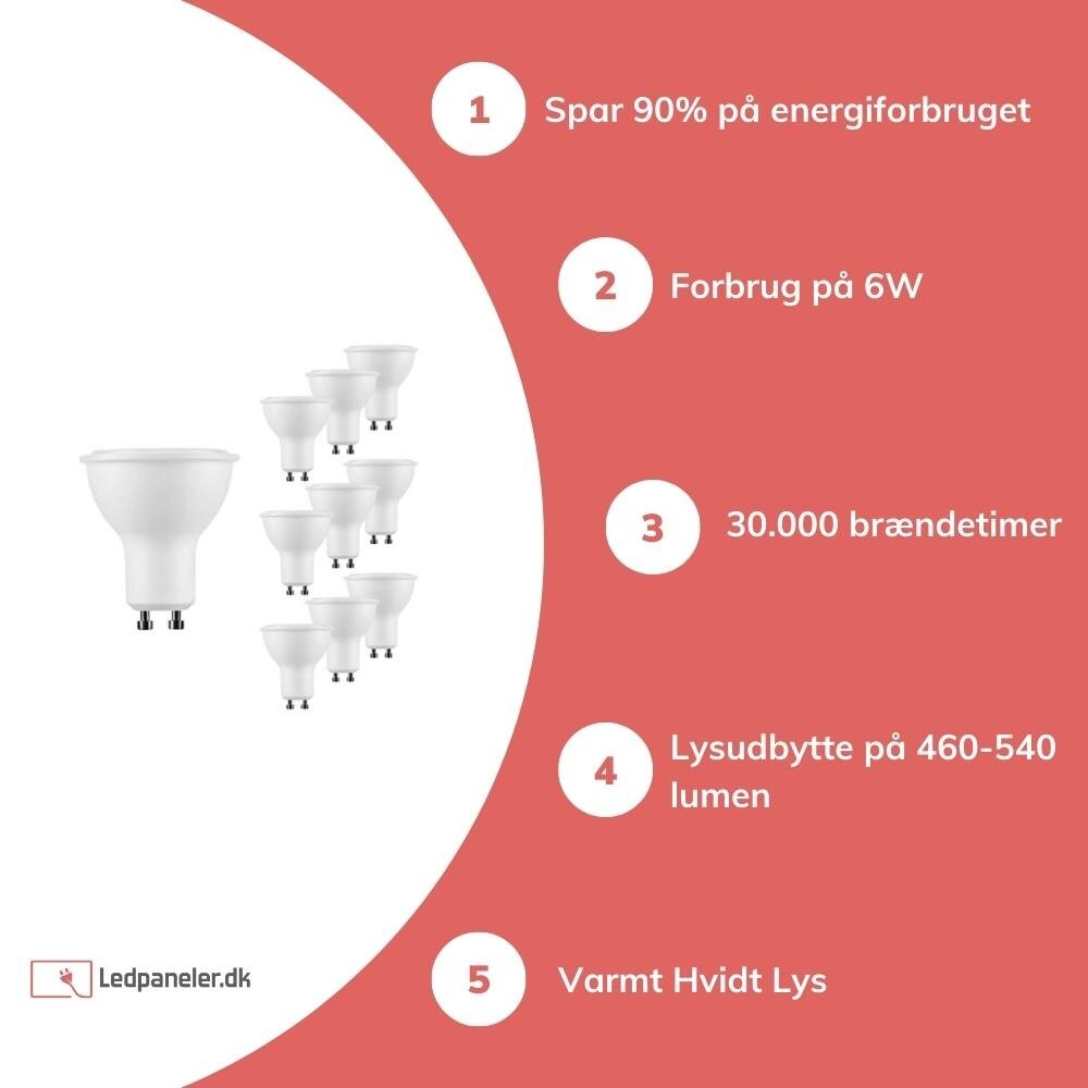 Pakke med 10 stk. - GU10 LED-spots - 6W erstatter 40W - Valgfri lystemperatur