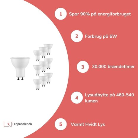 Pakke med 10 stk. - GU10 LED-spots - 6W erstatter 40W - Valgfri lystemperatur