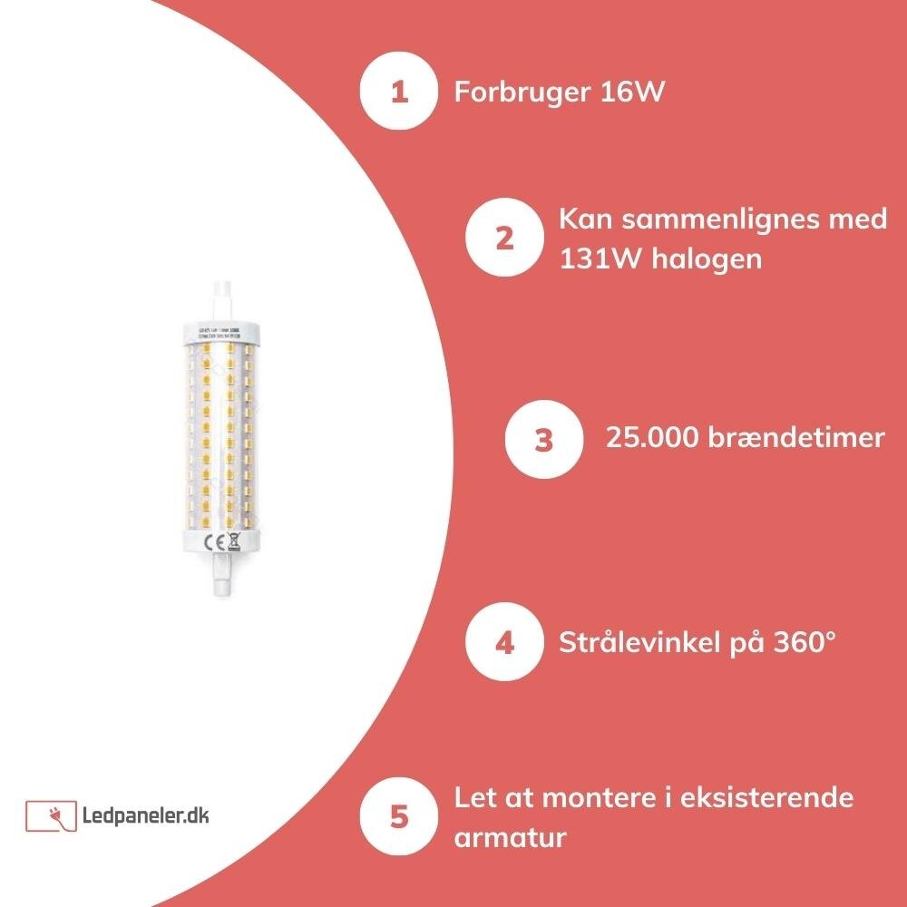 Aigostar LED R7S-lampe - 16W erstatter 131W- 3000K Varm hvid- 118mm - kan ikke dæmpes