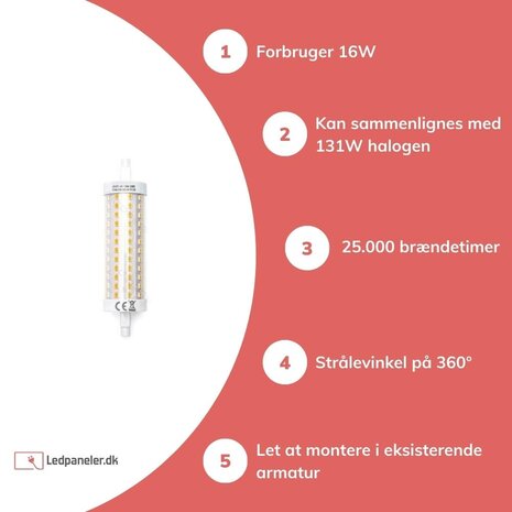 Aigostar LED R7S-lampe - 16W erstatter 131W- 3000K Varm hvid- 118mm - kan ikke dæmpes