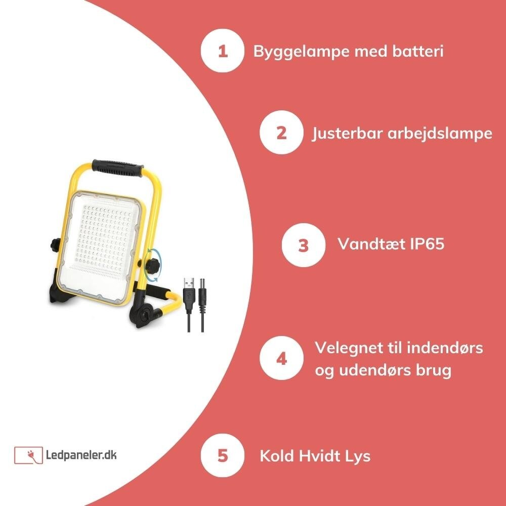 Aigostar LED-arbejdslampe genopladelig IP65 - 100W 2400 Lumen - 6500K Kold hvidt - Op til 12 timers brug Aigostar LED-arbejdslampe genopladelig IP65 - 100W 2400 Lumen - 6500K Kold hvidt - Op til 12 timers brug