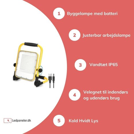 Aigostar LED-arbejdslampe genopladelig IP65 - 100W 2400 Lumen - 6500K Kold hvidt - Op til 12 timers brug Aigostar LED-arbejdslampe genopladelig IP65 - 100W 2400 Lumen - 6500K Kold hvidt - Op til 12 timers brug