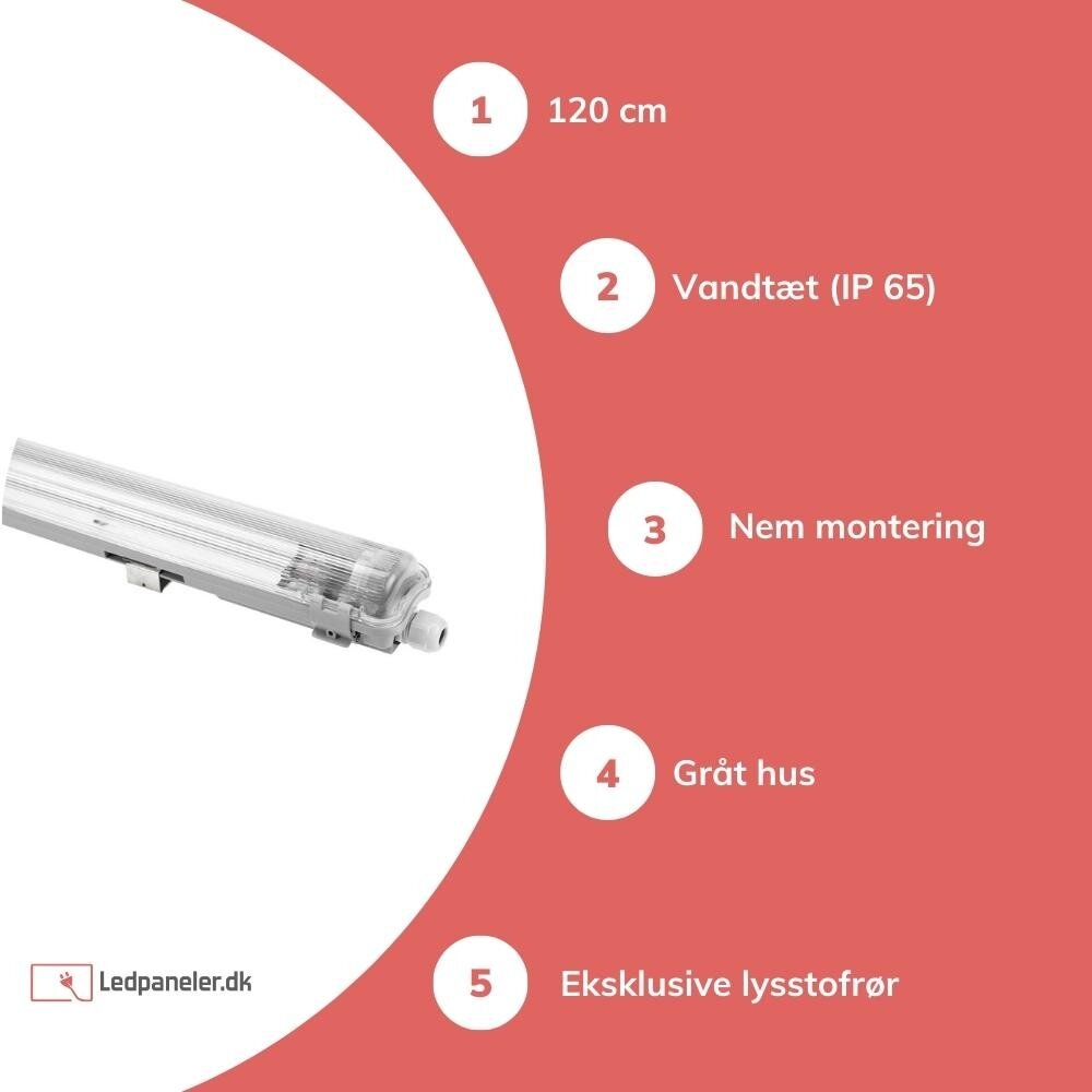 Vandtæt LED armatur - 120 cm - Til 1 LED lysstofrør (eksklusiv lysstofrør))
